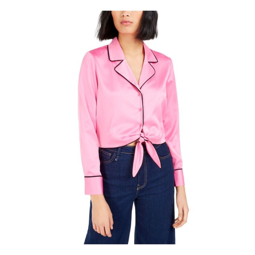 BECCA TILLEY X BAR III Womens Pink Tie Cuffed Sleeve Collared Button Up Top XS